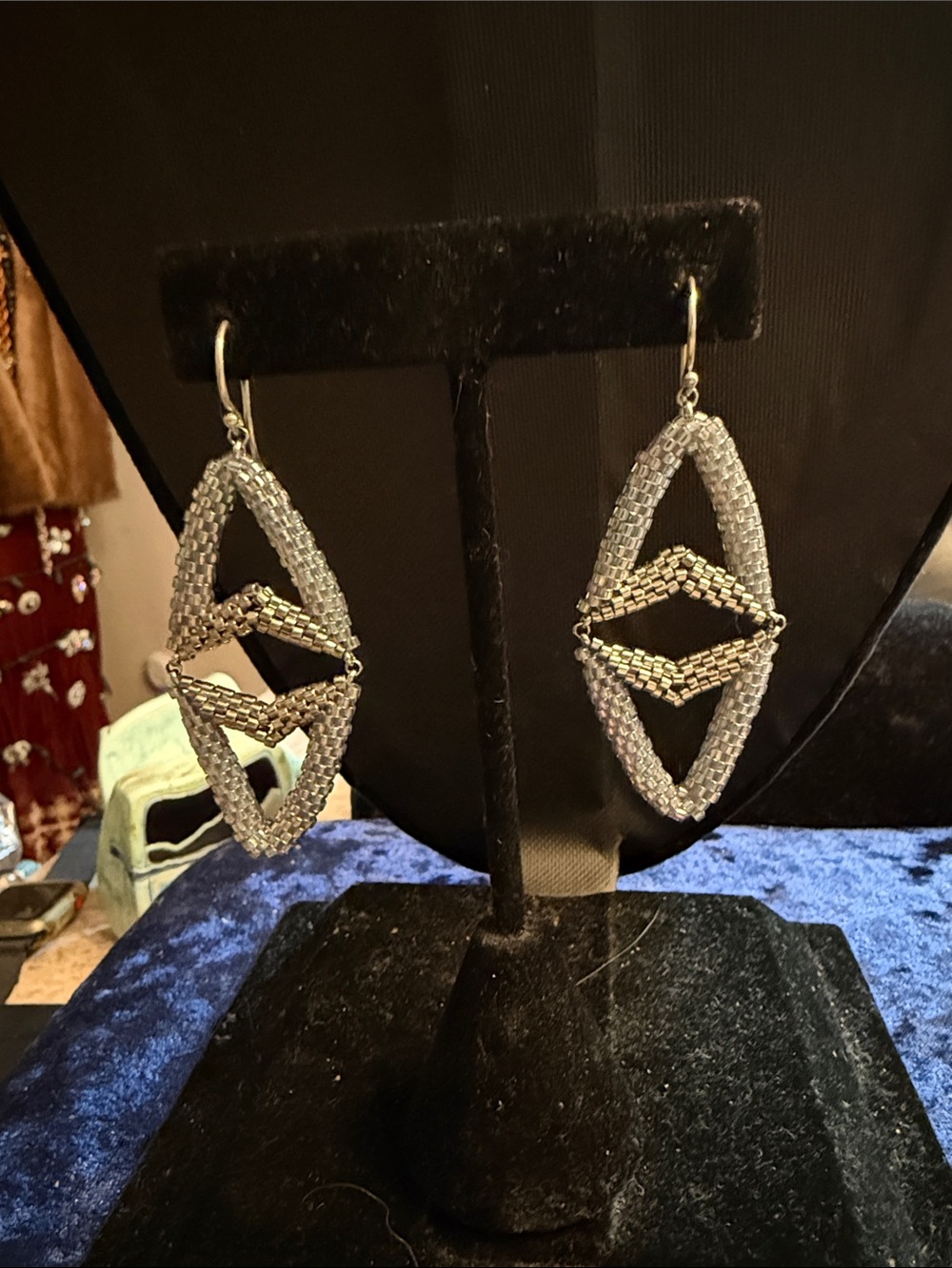 Artisan Miyuki glass seed bead iridescent Silvertone pierced earrings